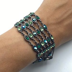 Vintage Gunmetal Statement Bracelet AB Green Blue Rhinestone Mesh Cage Evil Eye